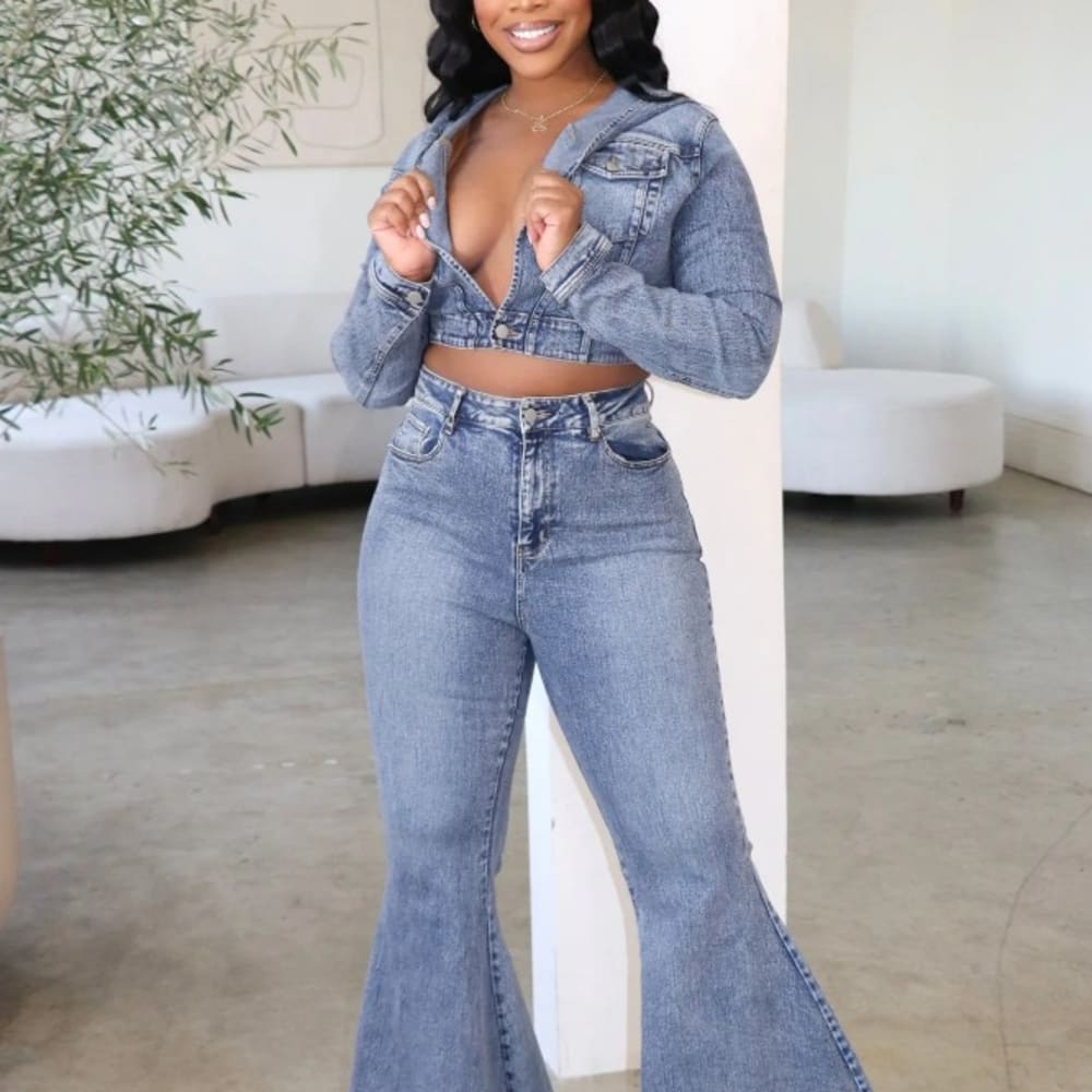 Vintage Denim Two Piece Set: Turn-down Collar Crop Top + Flare Pants - Women's Streetwear Suit